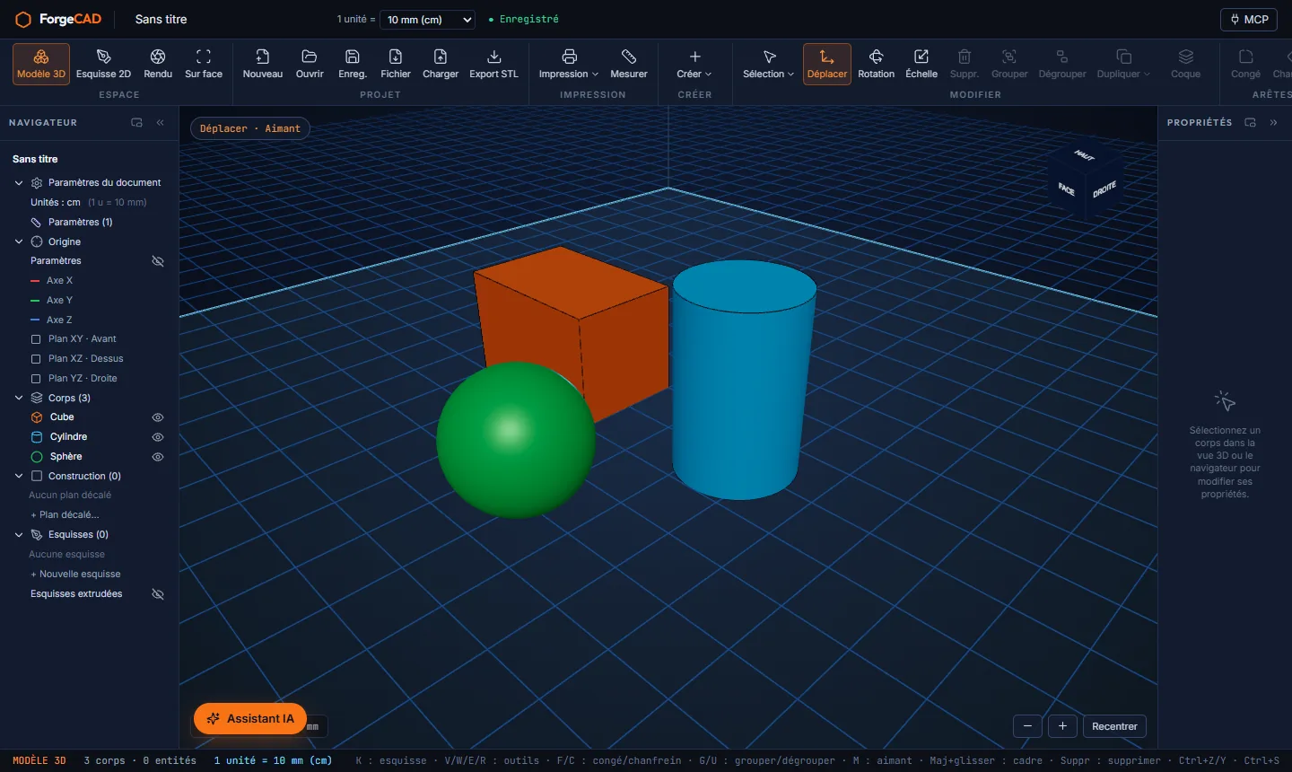 ForgeCAD : un cube, un cylindre et une sphère en 3D, avec le navigateur des corps à gauche, la barre d'outils en haut et le panneau de propriétés à droite.